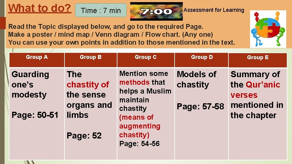 What to do? Assessment for Learning Time : 7 min Read the Topic displayed