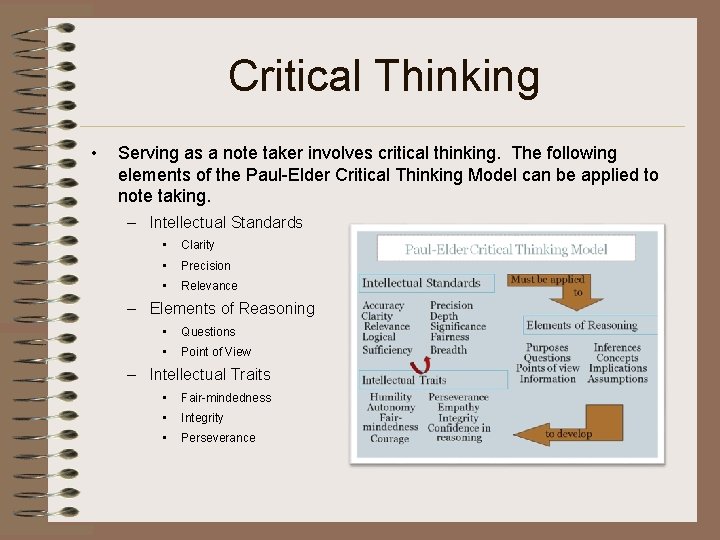 Critical Thinking • Serving as a note taker involves critical thinking. The following elements
