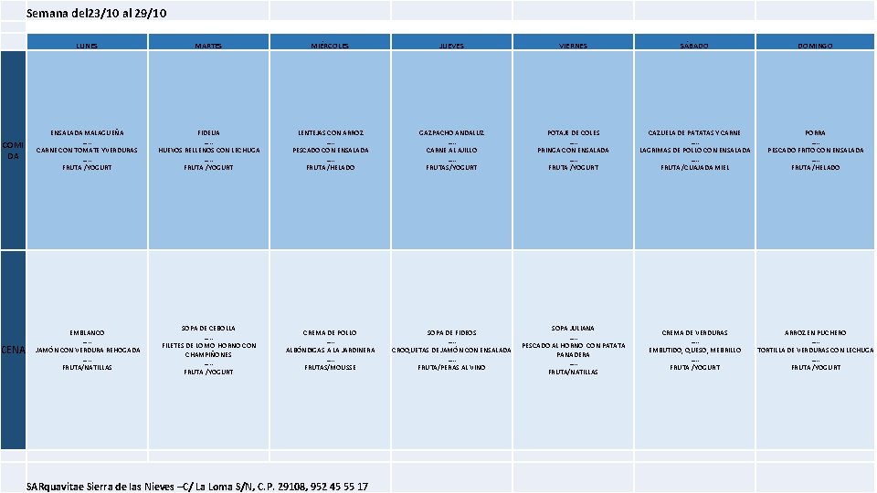 Semana del 23/10 al 29/10 LUNES MARTES MIÉRCOLES JUEVES VIERNES SÁBADO DOMINGO COMI DA