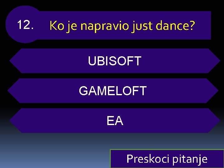 12. Ko je napravio just dance? UBISOFT GAMELOFT EA Preskoci pitanje 