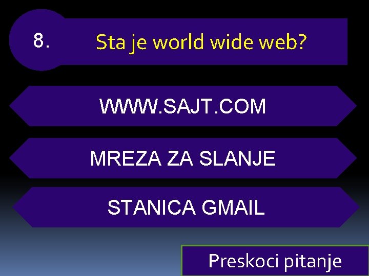 8. Sta je world wide web? WWW. SAJT. COM MREZA ZA SLANJE STANICA GMAIL