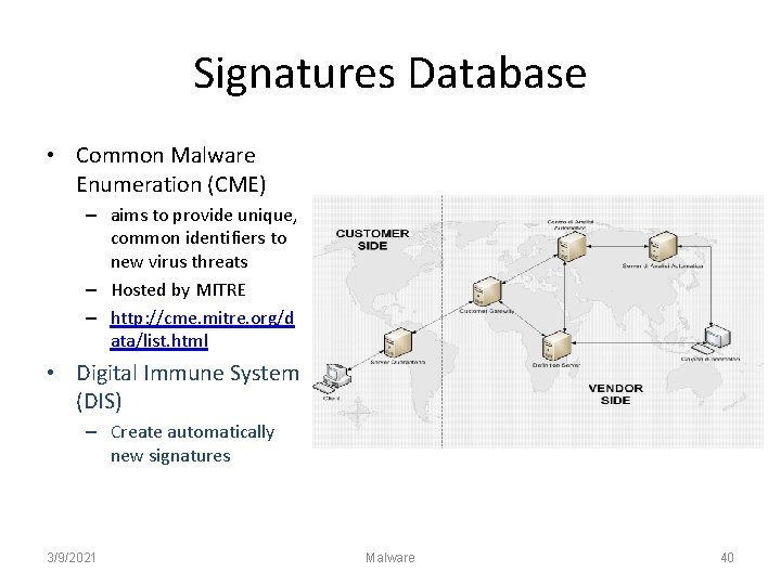 Signatures Database • Common Malware Enumeration (CME) – aims to provide unique, common identifiers