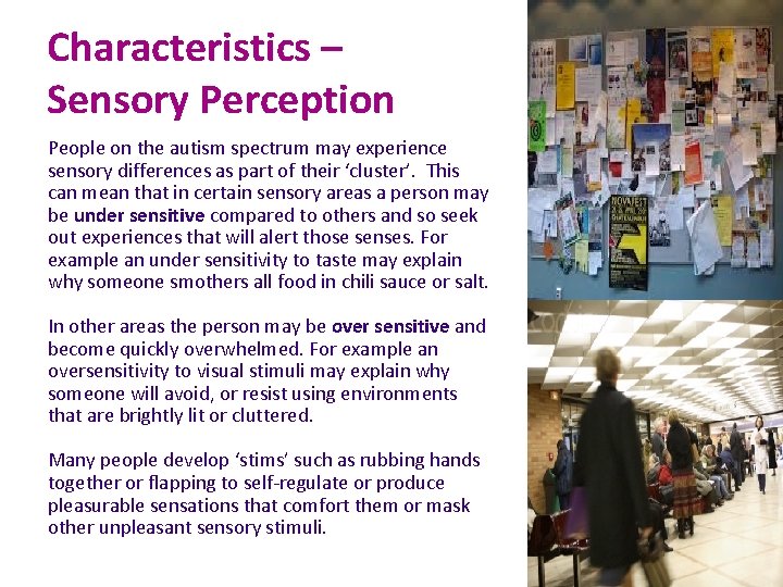 Characteristics – Sensory Perception People on the autism spectrum may experience sensory differences as