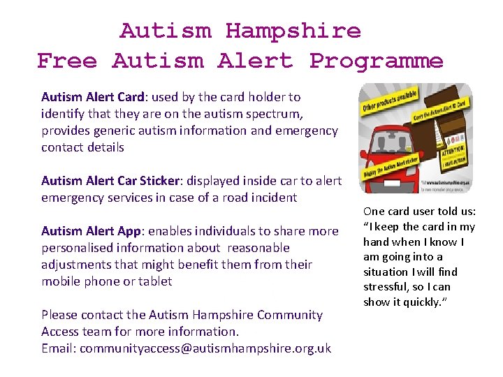 Autism Hampshire Free Autism Alert Programme Autism Alert Card: used by the card holder