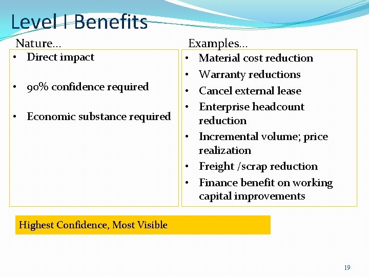 Level I Benefits Nature… Examples… • 90% confidence required • • • Direct impact