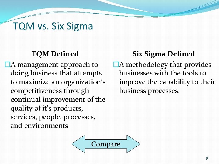 TQM vs. Six Sigma TQM Defined Six Sigma Defined �A management approach to �A