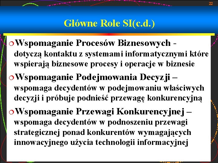 22 Główne Role SI(c. d. ) ¦Wspomaganie Procesów Biznesowych - dotyczą kontaktu z systemami