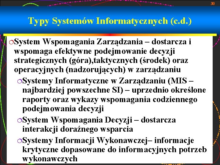 30 Typy Systemów Informatycznych (c. d. ) ¦System Wspomagania Zarządzania – dostarcza i wspomaga