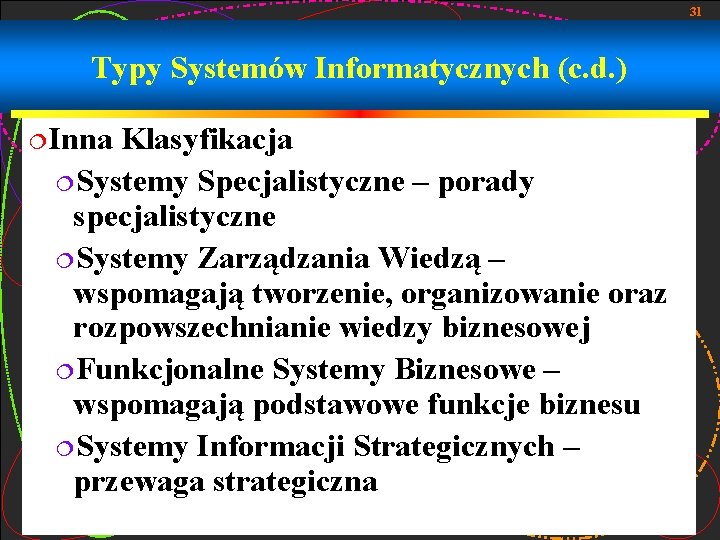 31 Typy Systemów Informatycznych (c. d. ) ¦Inna Klasyfikacja ¦Systemy Specjalistyczne – porady specjalistyczne