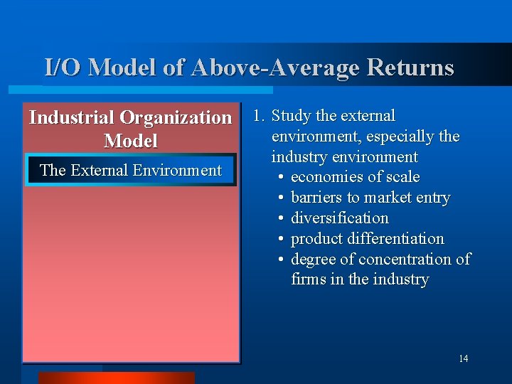 I/O Model of Above-Average Returns Industrial Organization 1. Study the external environment, especially the