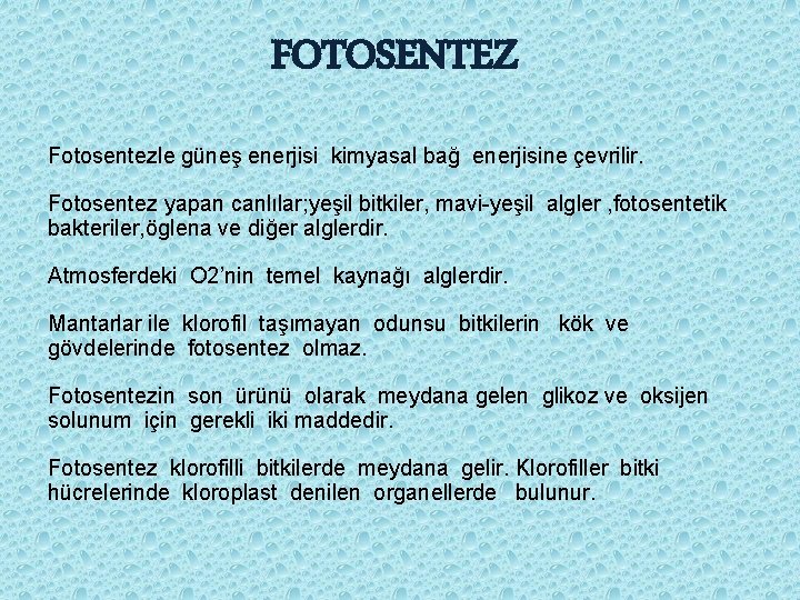 FOTOSENTEZ Fotosentezle güneş enerjisi kimyasal bağ enerjisine çevrilir. Fotosentez yapan canlılar; yeşil bitkiler, mavi-yeşil