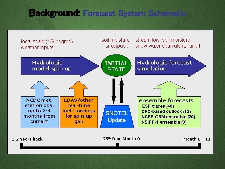 Background: Forecast System Schematic local scale (1/8 degree) weather inputs Hydrologic model spin up Background: Forecast System Schematic local scale (1/8 degree) weather inputs Hydrologic model spin up