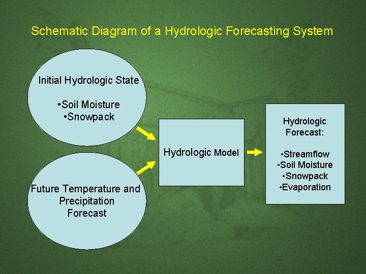 Schematic Diagram of a Hydrologic Forecasting System Initial Hydrologic State • Soil Moisture • Schematic Diagram of a Hydrologic Forecasting System Initial Hydrologic State • Soil Moisture •