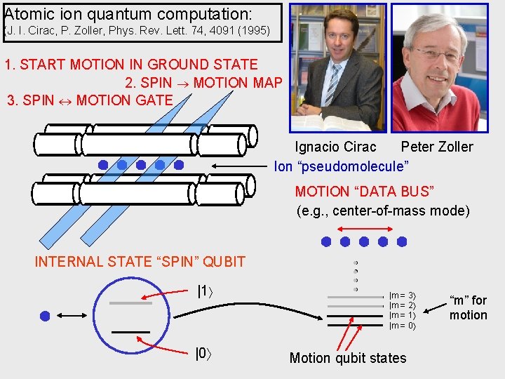 Atomic ion quantum computation: (J. I. Cirac, P. Zoller, Phys. Rev. Lett. 74, 4091