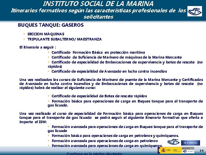 INSTITUTO SOCIAL DE LA MARINA Itinerarios formativos según las características profesionales de los solicitantes