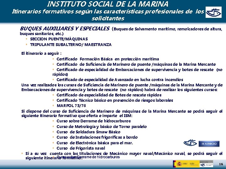 INSTITUTO SOCIAL DE LA MARINA Itinerarios formativos según las características profesionales de los solicitantes