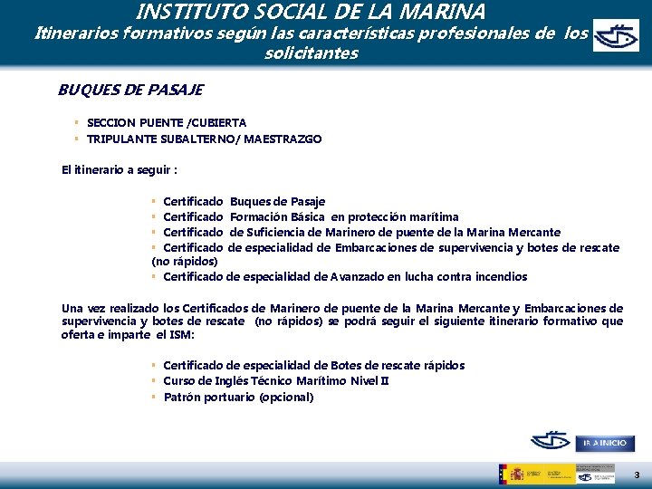 INSTITUTO SOCIAL DE LA MARINA Itinerarios formativos según las características profesionales de los solicitantes