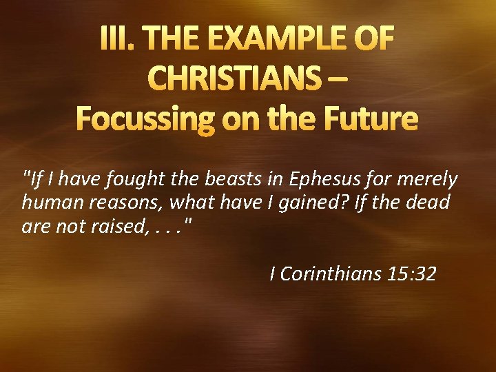 III. THE EXAMPLE OF CHRISTIANS – Focussing on the Future "If I have fought
