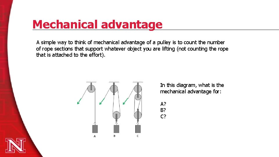 Mechanical advantage A simple way to think of mechanical advantage of a pulley is