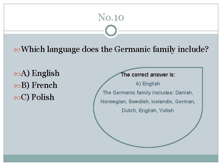 No. 10 Which language does the Germanic family include? A) English The correct answer