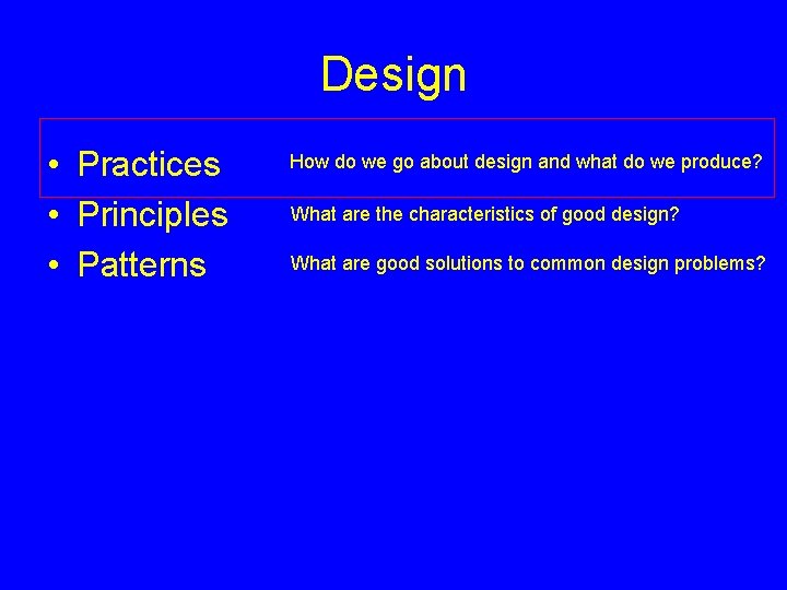 Design • Practices • Principles • Patterns How do we go about design and
