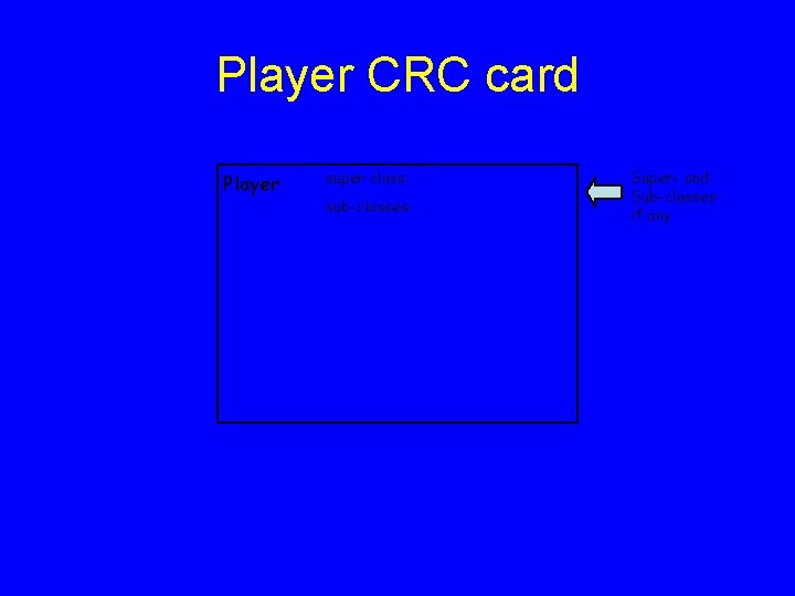 Player CRC card Player super class: sub-classes: Super- and Sub-classes if any 