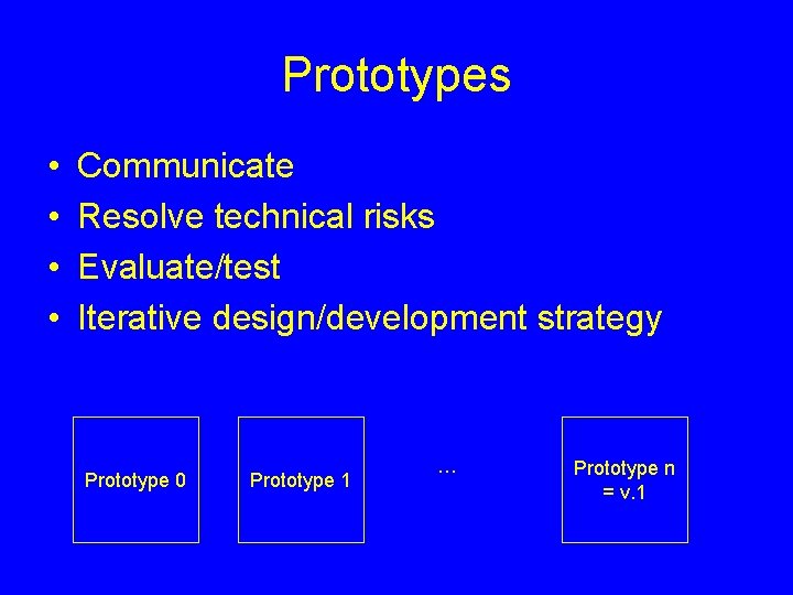 Prototypes • • Communicate Resolve technical risks Evaluate/test Iterative design/development strategy Prototype 0 Prototype