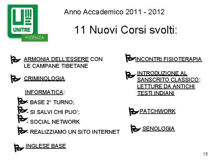 Anno Accademico 2011 - 2012 FIDENZA 11 Nuovi Corsi svolti: ARMONIA DELL’ESSERE CON LE Anno Accademico 2011 - 2012 FIDENZA 11 Nuovi Corsi svolti: ARMONIA DELL’ESSERE CON LE