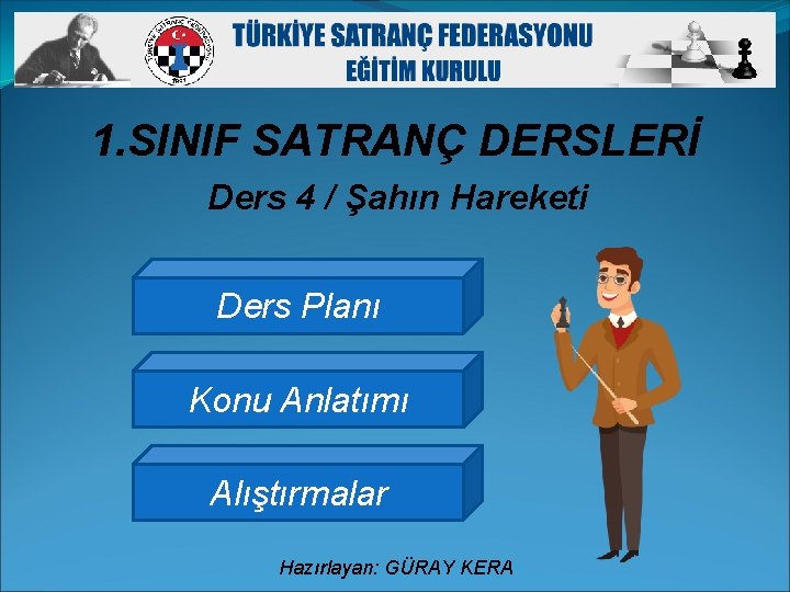 1. SINIF SATRANÇ DERSLERİ Ders 4 / Şahın Hareketi Ders Planı Konu Anlatımı Alıştırmalar 1. SINIF SATRANÇ DERSLERİ Ders 4 / Şahın Hareketi Ders Planı Konu Anlatımı Alıştırmalar
