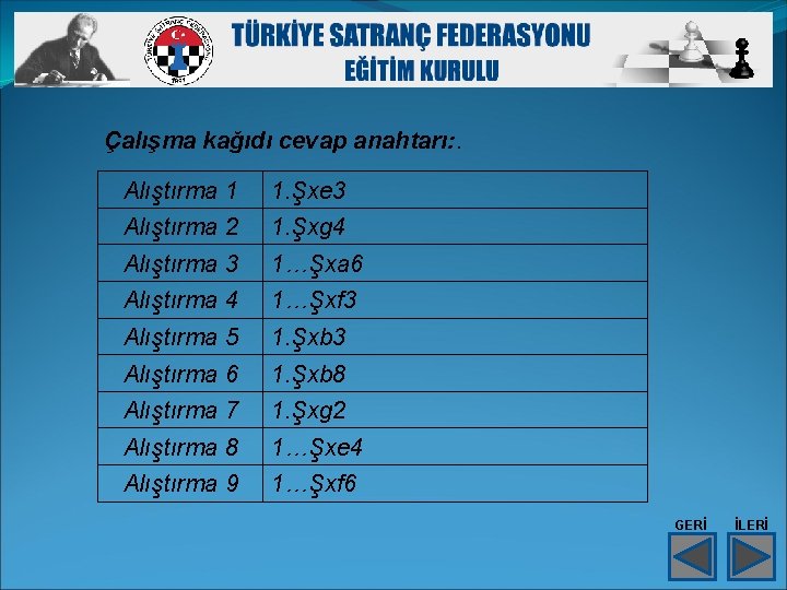 Çalışma kağıdı cevap anahtarı: . Alıştırma 1 1. Şxe 3 Alıştırma 2 1. Şxg