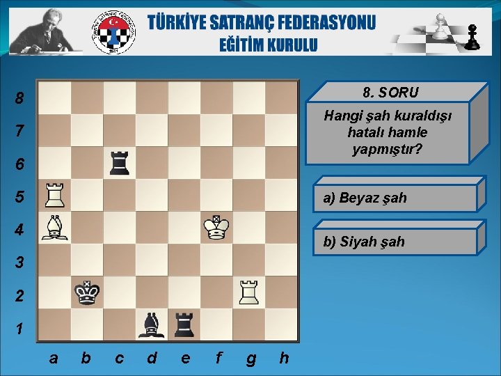 8 8. SORU 7 Hangi şah kuraldışı hatalı hamle yapmıştır? 6 5 a) Beyaz