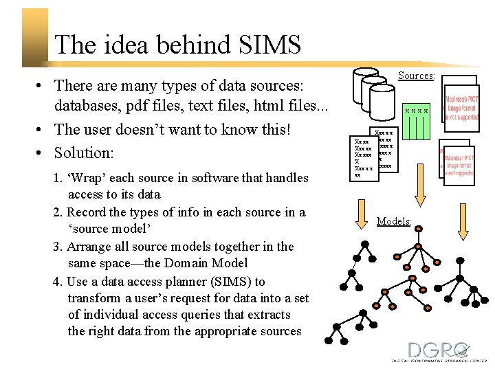 The idea behind SIMS • There are many types of data sources: databases, pdf