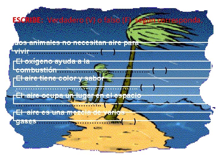 ESCRIBE: Verdadero (V) o falso (F) según corresponda. Los animales no necesitan aire para