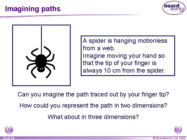 Imagining paths A spider is hanging motionless from a web. Imagine moving your hand