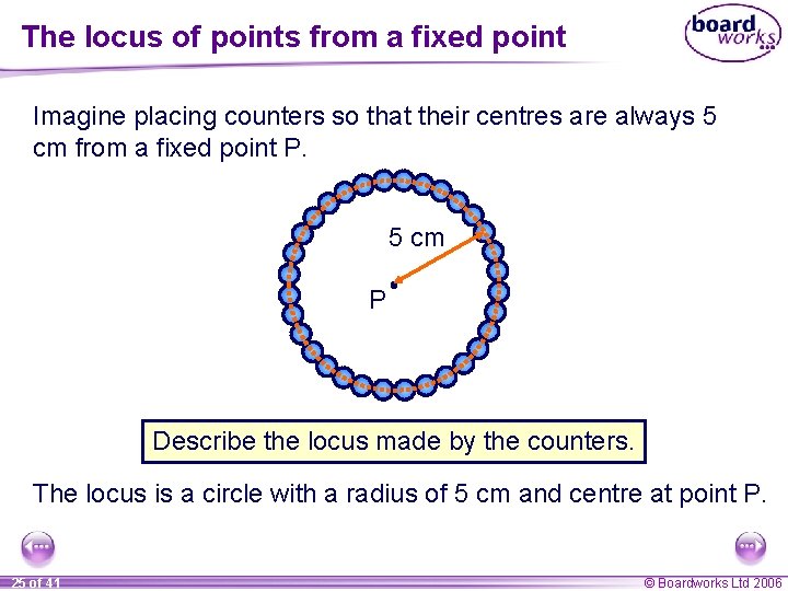 The locus of points from a fixed point Imagine placing counters so that their