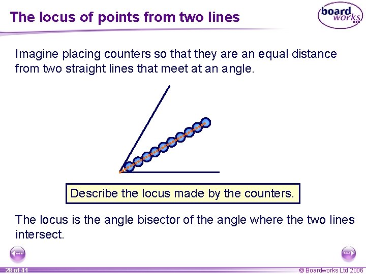 The locus of points from two lines Imagine placing counters so that they are