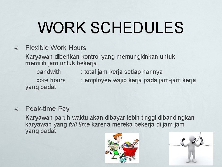 WORK SCHEDULES Flexible Work Hours Karyawan diberikan kontrol yang memungkinkan untuk memilih jam untuk