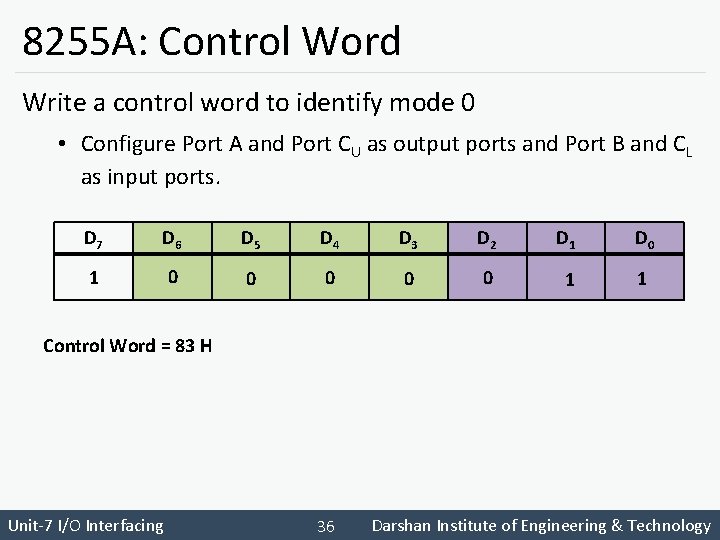 8255 A: Control Word Write a control word to identify mode 0 • Configure