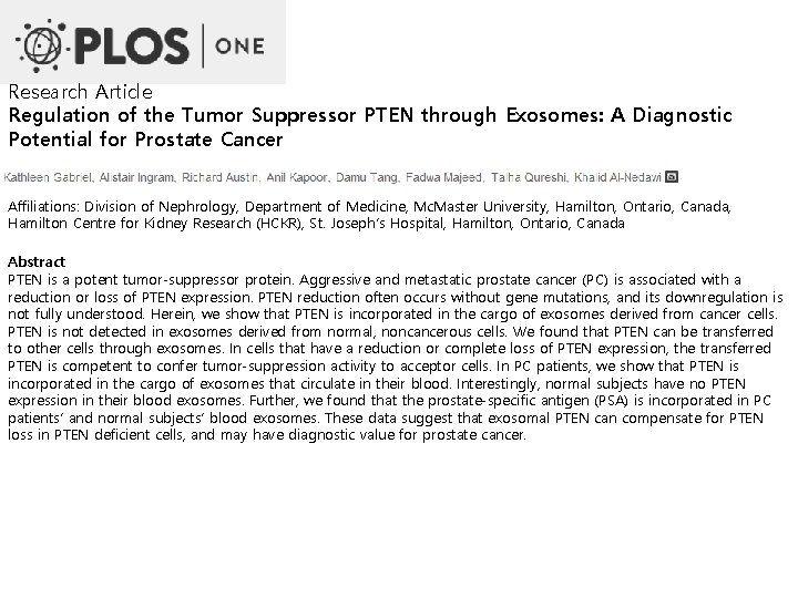 Research Article Regulation of the Tumor Suppressor PTEN through Exosomes: A Diagnostic Potential for