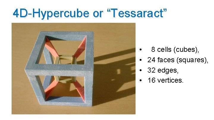 4 D-Hypercube or “Tessaract” • 8 cells (cubes), • 24 faces (squares), • 32