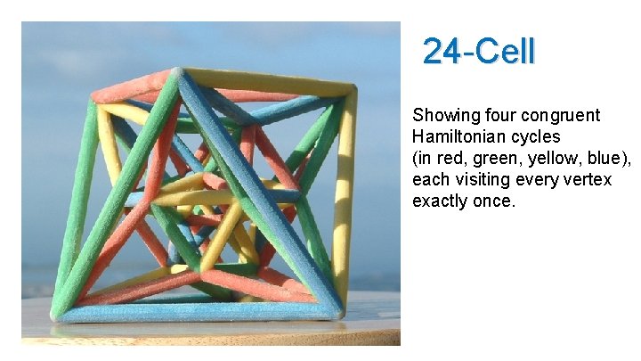 24 -Cell Showing four congruent Hamiltonian cycles (in red, green, yellow, blue), each visiting