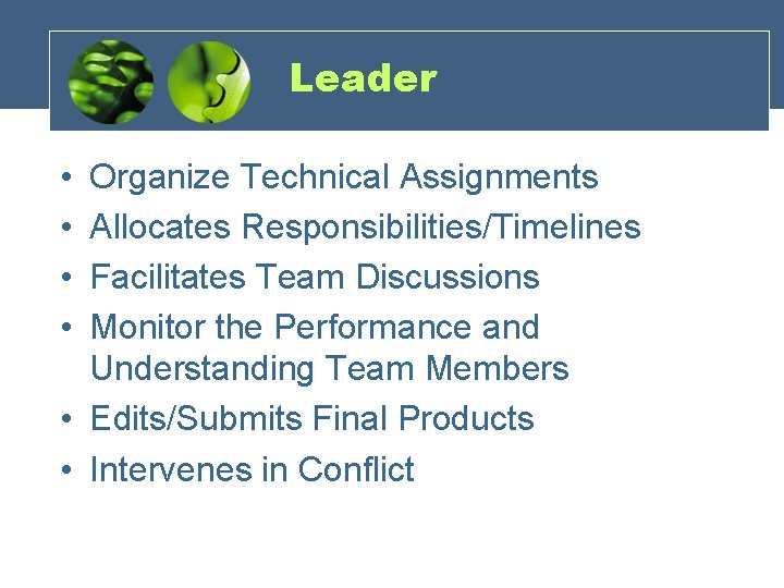 Leader • • Organize Technical Assignments Allocates Responsibilities/Timelines Facilitates Team Discussions Monitor the Performance