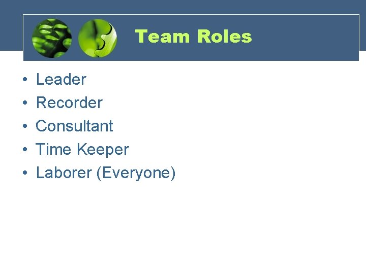 Team Roles • • • Leader Recorder Consultant Time Keeper Laborer (Everyone) 