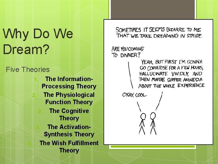 Why Do We Dream? Five Theories The Information. Processing Theory 2. The Physiological Function