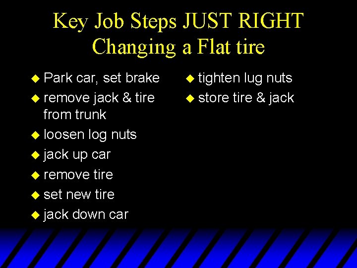 Key Job Steps JUST RIGHT Changing a Flat tire u Park car, set brake