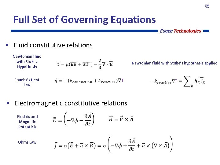 35 Full Set of Governing Equations § Fluid constitutive relations Newtonian fluid with Stokes