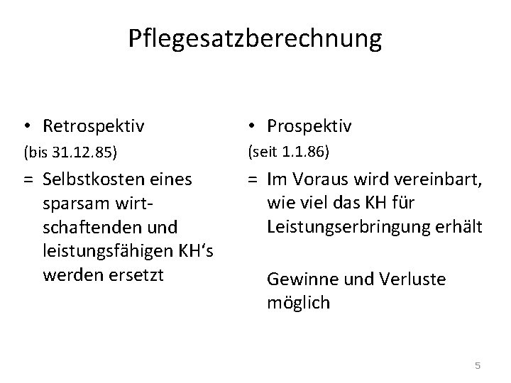 Pflegesatzberechnung • Retrospektiv • Prospektiv (bis 31. 12. 85) (seit 1. 1. 86) = Pflegesatzberechnung • Retrospektiv • Prospektiv (bis 31. 12. 85) (seit 1. 1. 86) =