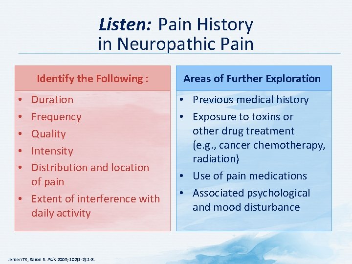 Listen: Pain History in Neuropathic Pain Identify the Following : Areas of Further Exploration Listen: Pain History in Neuropathic Pain Identify the Following : Areas of Further Exploration