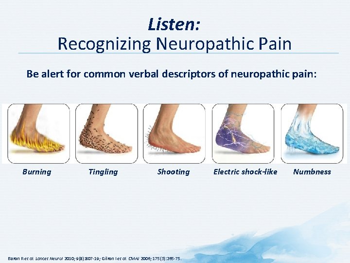 Listen: Recognizing Neuropathic Pain Be alert for common verbal descriptors of neuropathic pain: Burning Listen: Recognizing Neuropathic Pain Be alert for common verbal descriptors of neuropathic pain: Burning