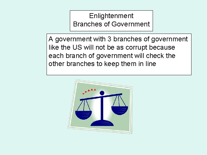 Enlightenment Branches of Government A government with 3 branches of government like the US